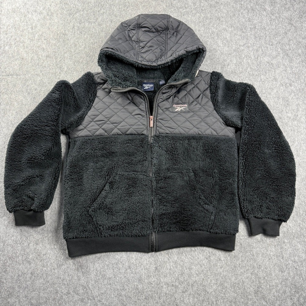 Reebok Womens Jacket‎ L Grey Black Sherpa Fleece Full Zip Hooded Quilted Panel